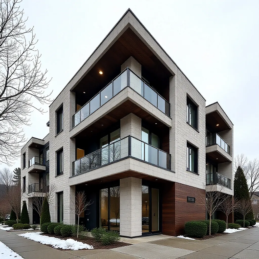 طراحی نمای ساختمان مدرن با الهام از معماری و سبک‌های اروپایی با جزئیات زیبا و مصالح مدرن