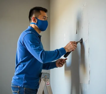 اجرای سیمانکاری نما توسط تکنسین در حال کندن لایه قدیمی و آماده‌سازی سطح برای زیرسازی حرفه‌ای