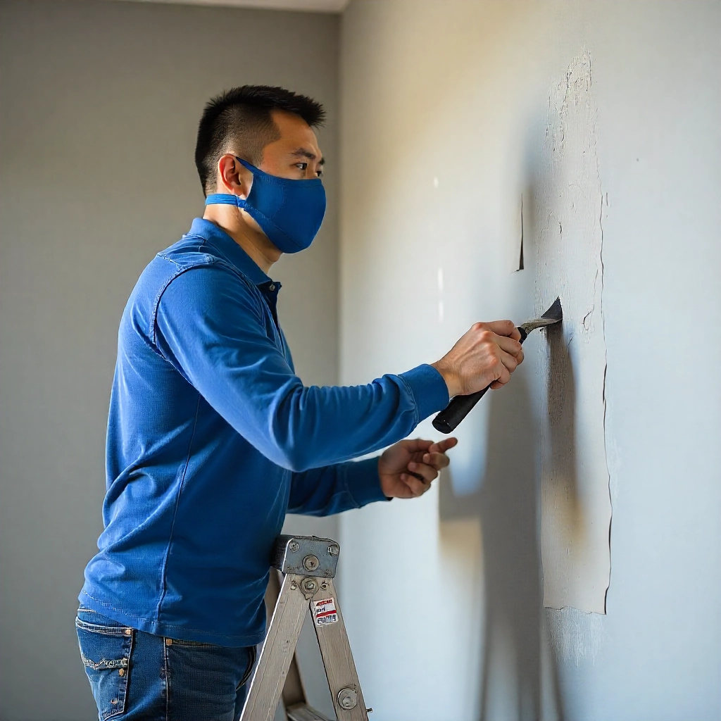 اجرای سیمانکاری نما توسط تکنسین در حال کندن لایه قدیمی و آماده‌سازی سطح برای زیرسازی حرفه‌ای