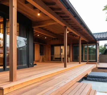 اجرای نمای ترموود مدرن با چوب طبیعی، شامل تراس و ستون‌های چوبی گرم و دل‌نشین که حس طبیعت و آرامش را در طراحی نمای ساختمان ایجاد می‌کند.