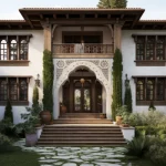 طراحی نمای ویلا با سبک کلاسیک و المان‌های رومی شامل ستون‌های باشکوه، تقارن دقیق و سنگ‌های طبیعی روشن با جزئیات تزئینی ظریف.