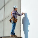 کارشناس در حال بازسازی نمای سیمانی و ترمیم سطح برای نوسازی و افزایش ماندگاری نما