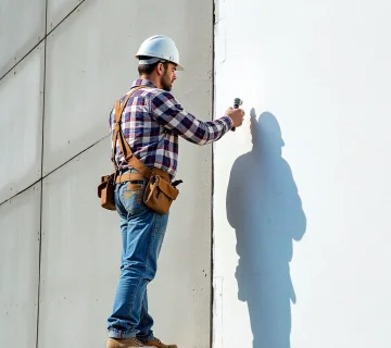 کارشناس در حال بازسازی نمای سیمانی و ترمیم سطح برای نوسازی و افزایش ماندگاری نما