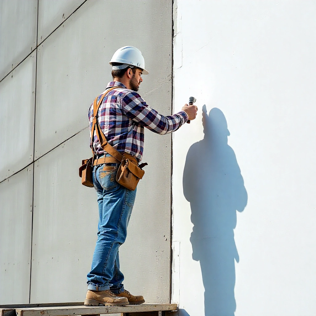 کارشناس در حال بازسازی نمای سیمانی و ترمیم سطح برای نوسازی و افزایش ماندگاری نما